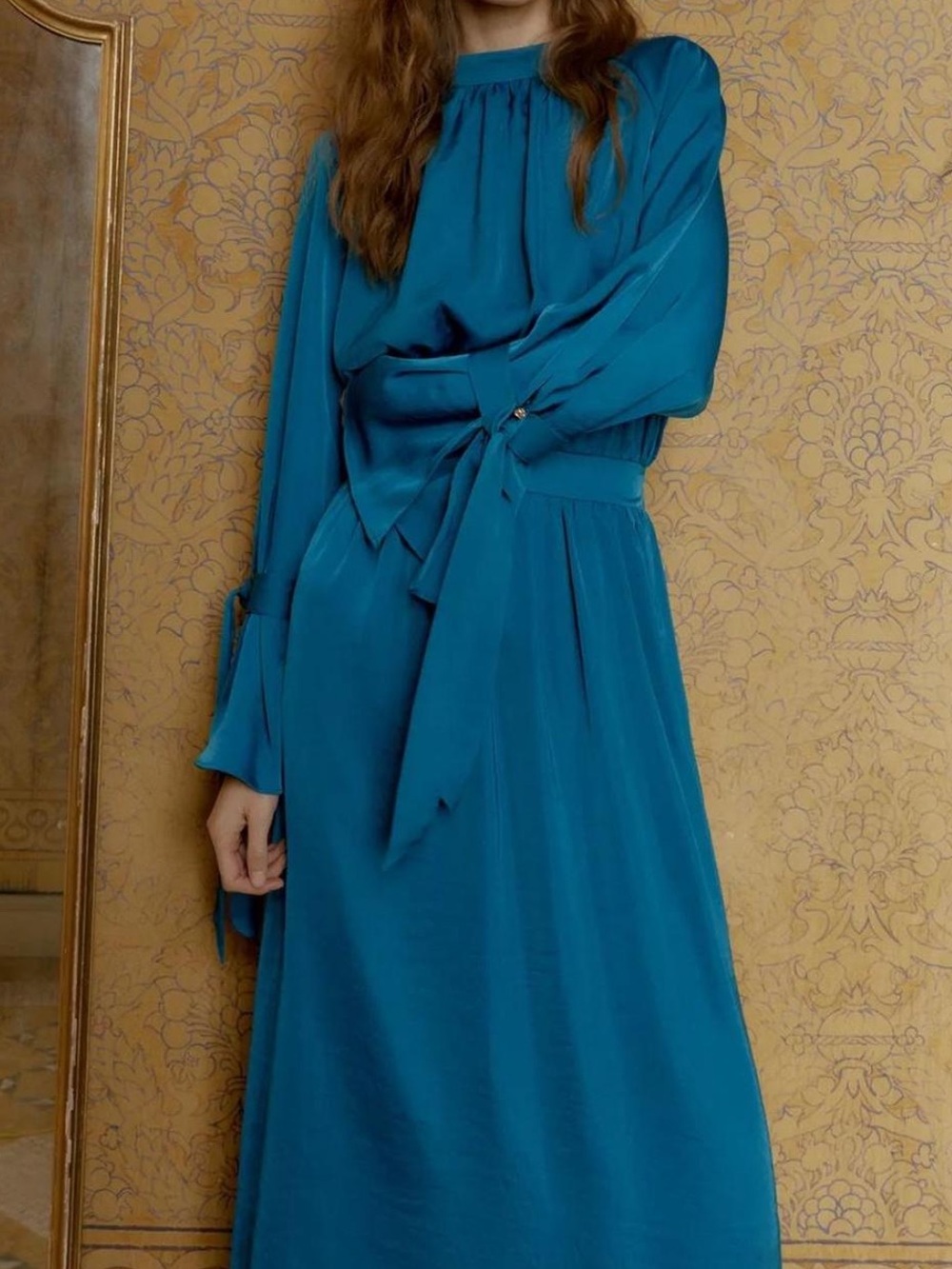 Zara Teal Long-Sleeve Satin Midi Dress with Waist Tie